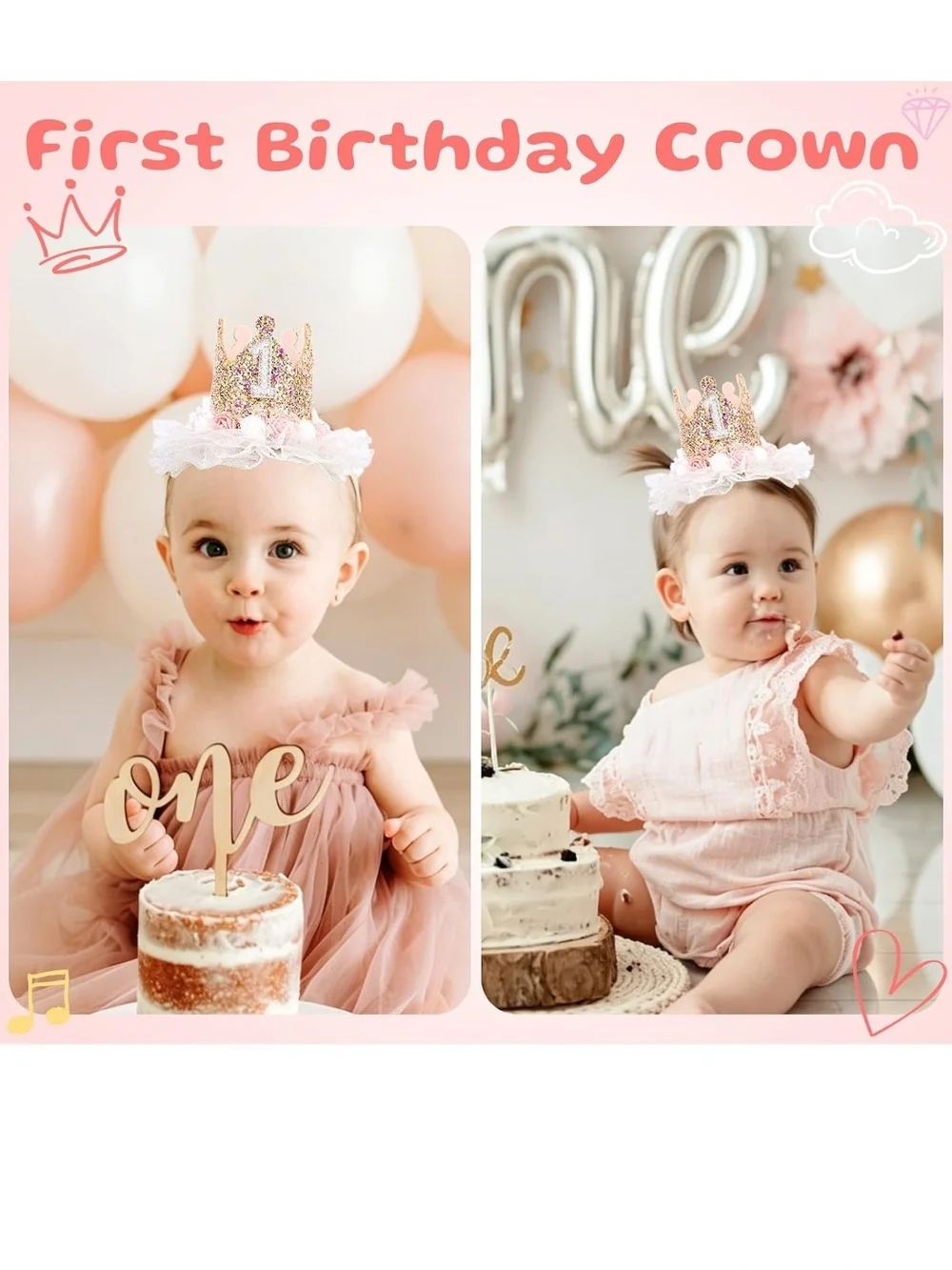 Glitter Pink First Birthday Princess Crown Headband